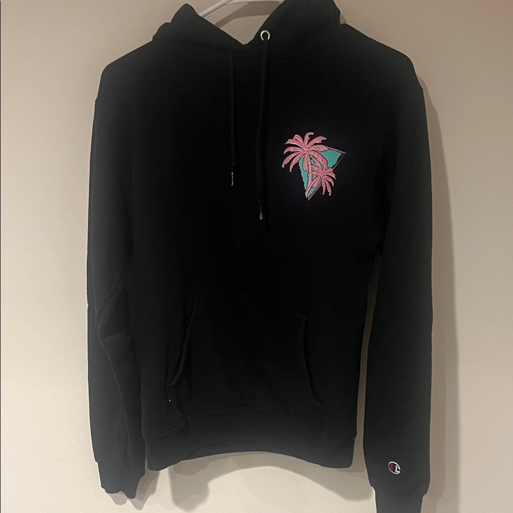 Champion Black Hoodie with Pink and Green Palm Design